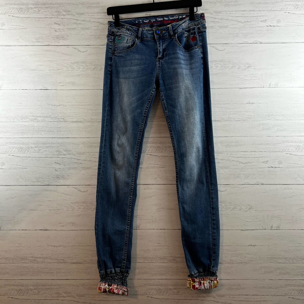 Desigual Floral Embroidered Jogger Cuff Denim Jeans Size 28